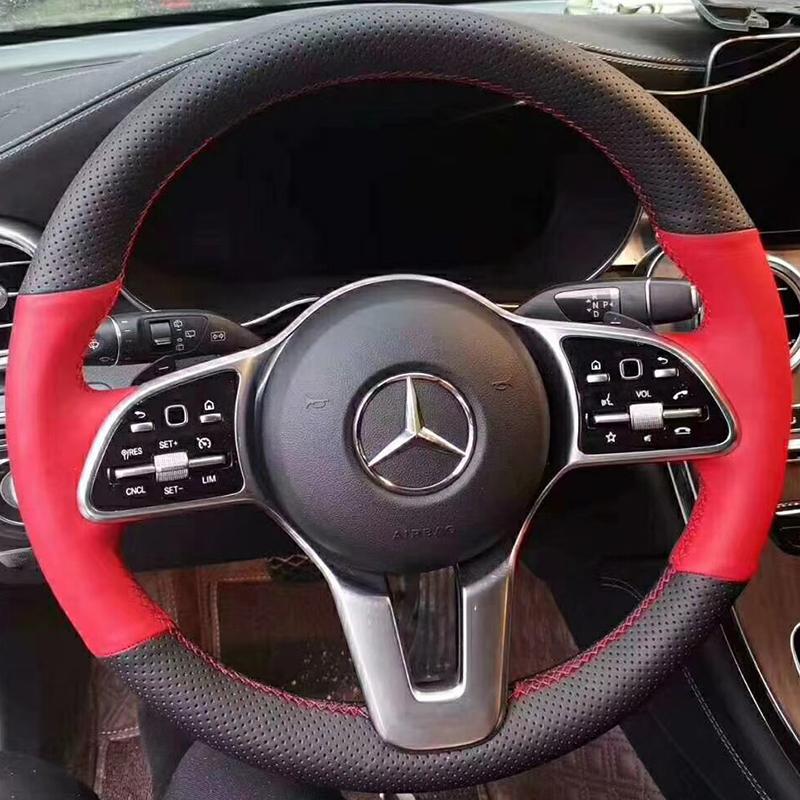 For Mercedes Benz A C Class E260 E300 GLB GLA GLE GLC Manual Sewing Car Steering Wheel Covers Car Accessories Genuine Leather