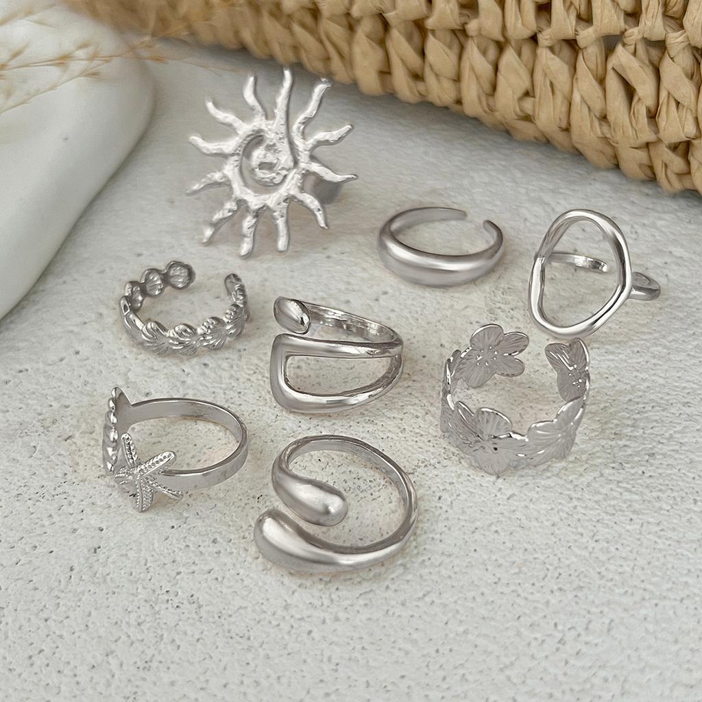 Ingemark 8Pcs/Set Boho Flower Scallop Open Rings for Women Summer Vintage Starfish Adjustable Knuckle Joint Rings Couple Jewelry