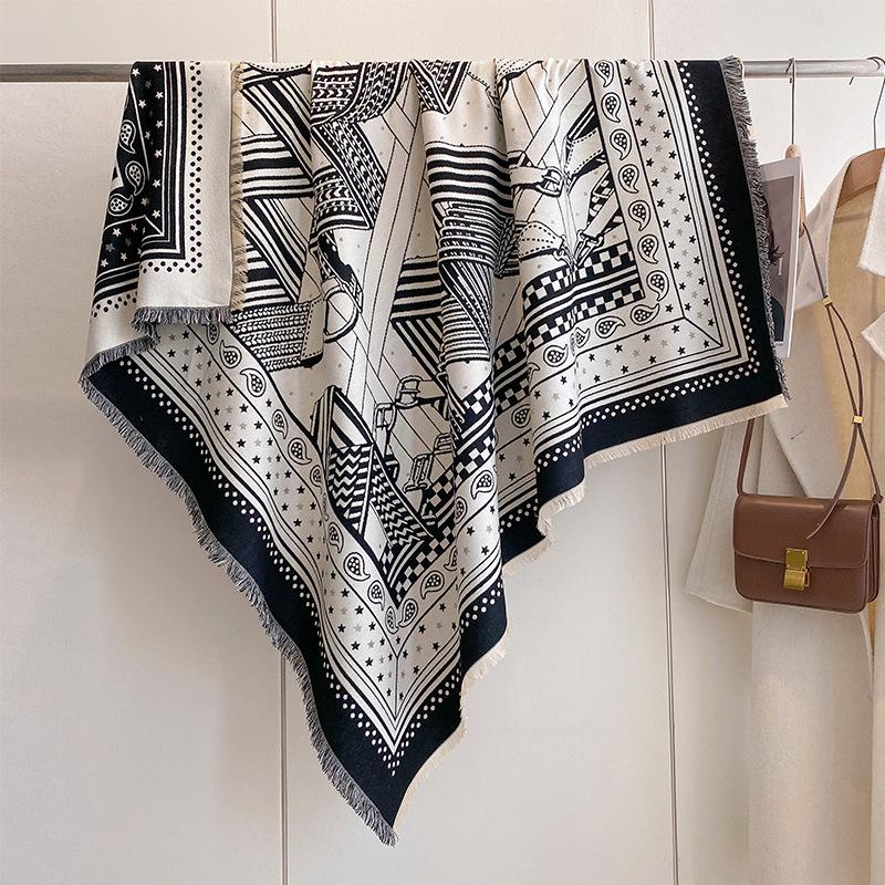 Polka Dot Cashew Scarf Geometric Line Splicing Shawl Women'S Imitation Cashmere Warm Square Scarf