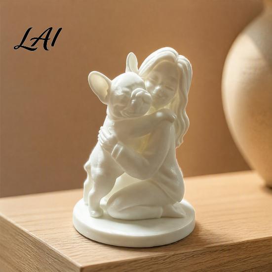 Minimalist White Sculptures 3D Printed Dog And Owner Figurine Bulldog Girl Statue Indoor Patio Decor Healing Hugging Pet Sculpture for Home