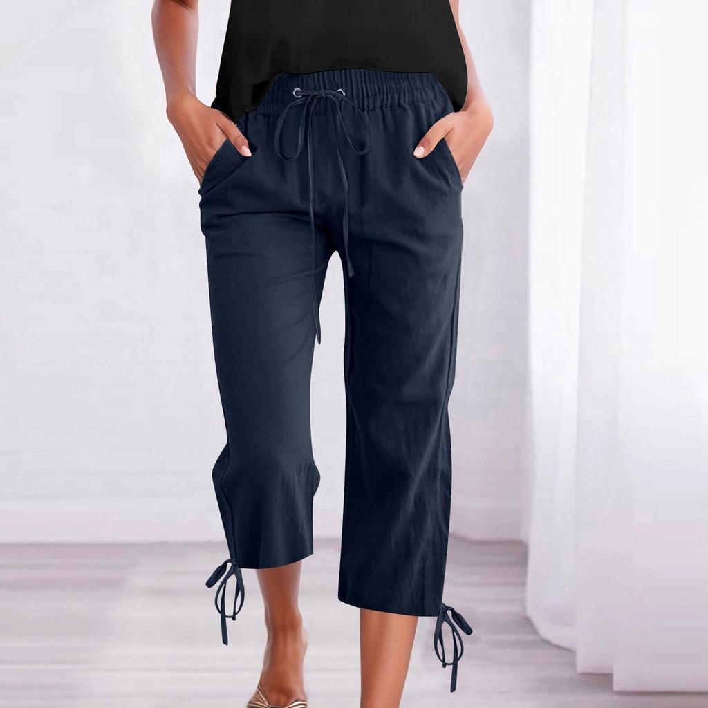 Женские повседневные однотонные свободные прямые укороченные брюки из хлопка и льна с завязками на шнурке и карманами