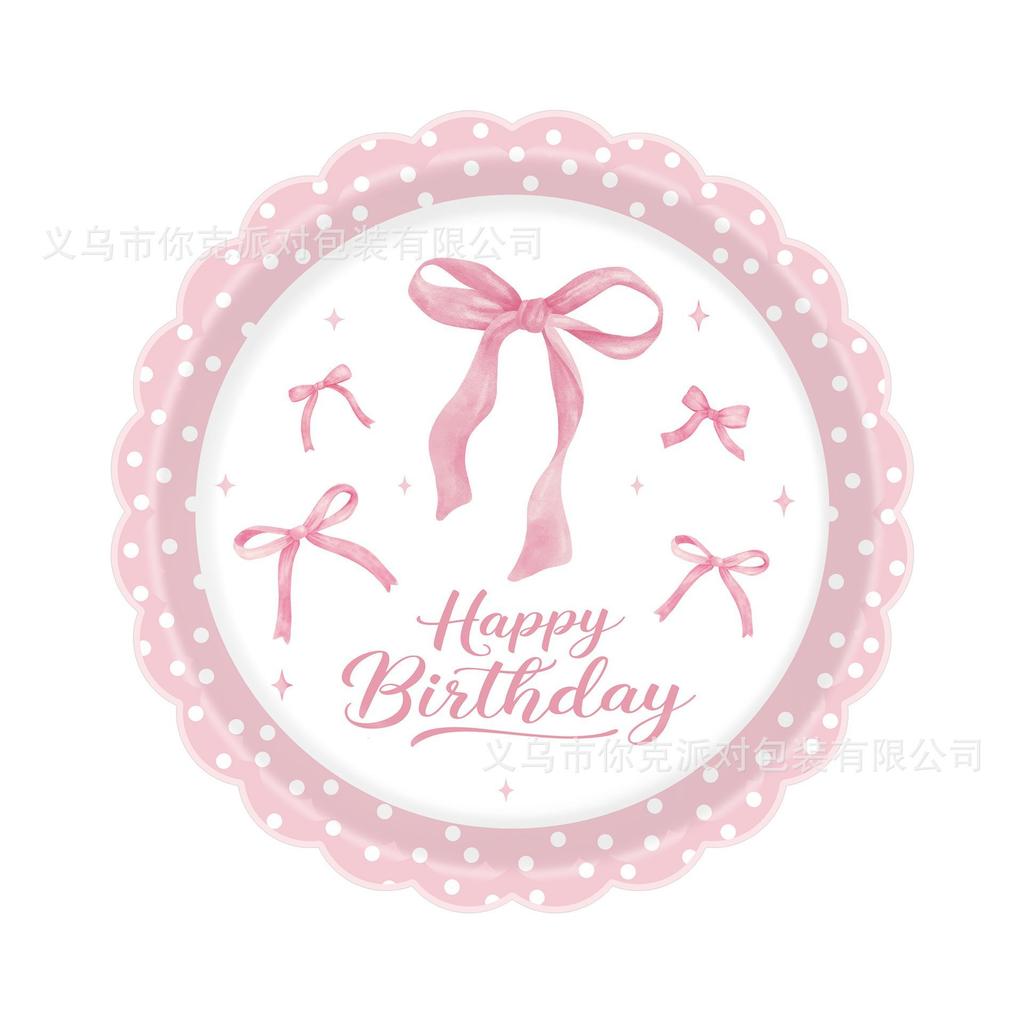 Кружевной розовый бант-тематический набор посуды для дня рождения девочки, одноразовые бумажные тарелки, декоративные элементы