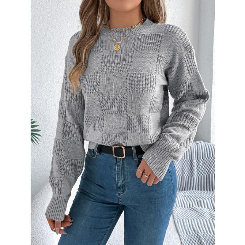 European American Style Solid Plaid Long Sleeve Pullover Sweater Women