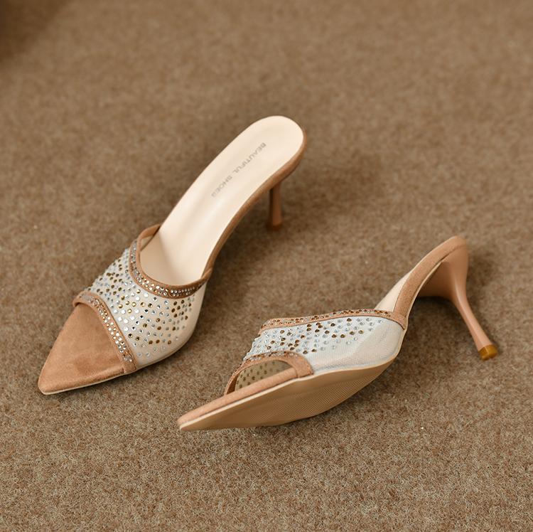 Модные Универсальные Шлепанцы на Высоком Каблуке с Острым Носком, Украшенные Стразами, Сандалии с Цельным Ремнем, Повседневная Элегантная Женская Обувь