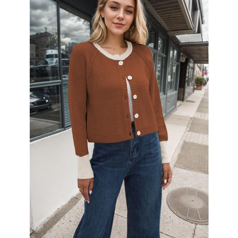 Autumn and Winter Sweater Women's Knitwear Fashion Round Neck Single Row of Buttons Colour Collision Knitted Cardigan Jacket