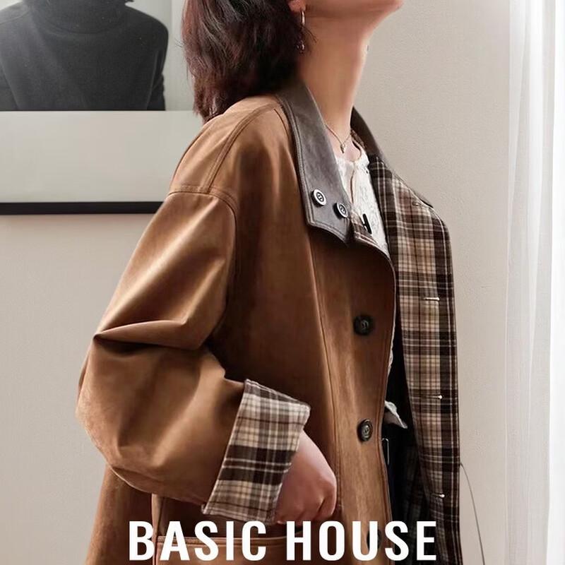 Базовая женская двусторонняя короткая куртка Basic House в клетку из замши