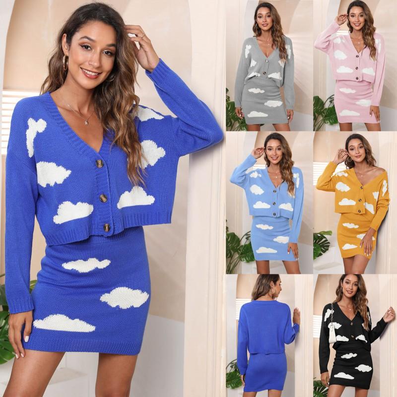 Womens 2-Piece Knit Set: V-Neck Button-Up Cardigan Bodycon Mini Skirt In Cloud Acrylic Sweet Chic Style