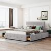 Upholstered Double Bed 140 X 200 Cm with Drawers, Slatted Frame, Skin-Friendly Velvet Fabric for Adults and Teenagers, Gray (Mattress Not Included)