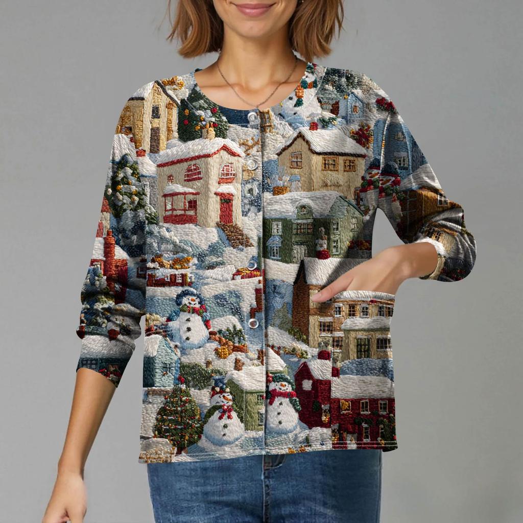 Women's Casual Long-Sleeved Single-Breasted Christmas-Themed Print  Cardigan