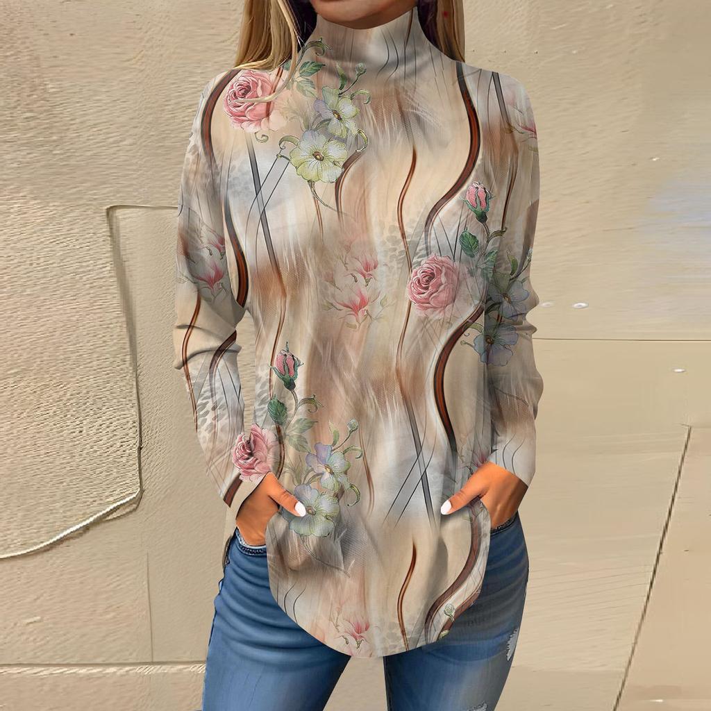 Женская модная повседневная футболка с длинным рукавом с высоким воротом и принтом, пуловер, топ