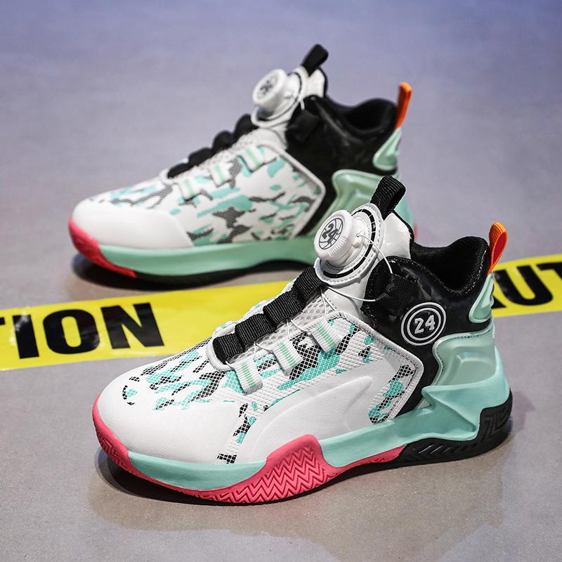 Новые баскетбольные кроссовки для мальчиков детская обувь кожаные боевые профессиональные кроссовки для бега вращающиеся кнопки нескользящая спортивная обувь