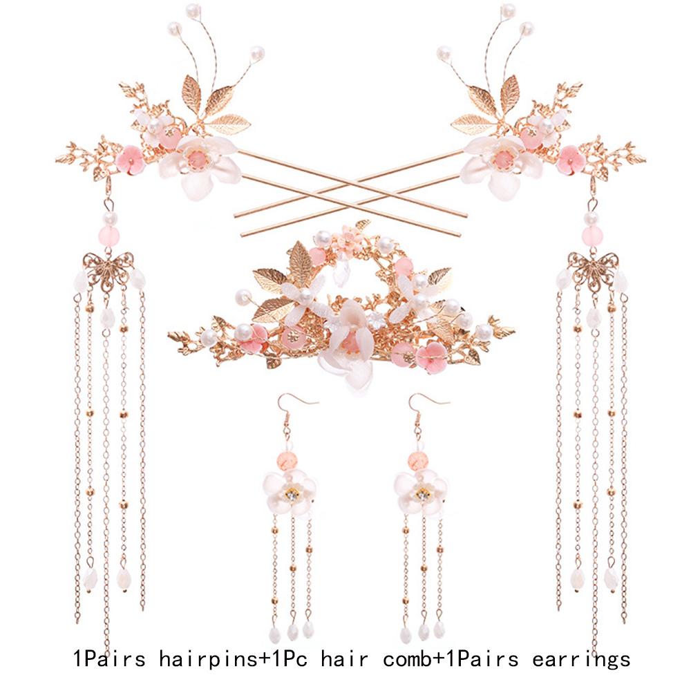 Women Girls Handmade Long Tassel Fashion Chinese Earrings Hair Comb Headwear Sets Hanfu Hair Stick