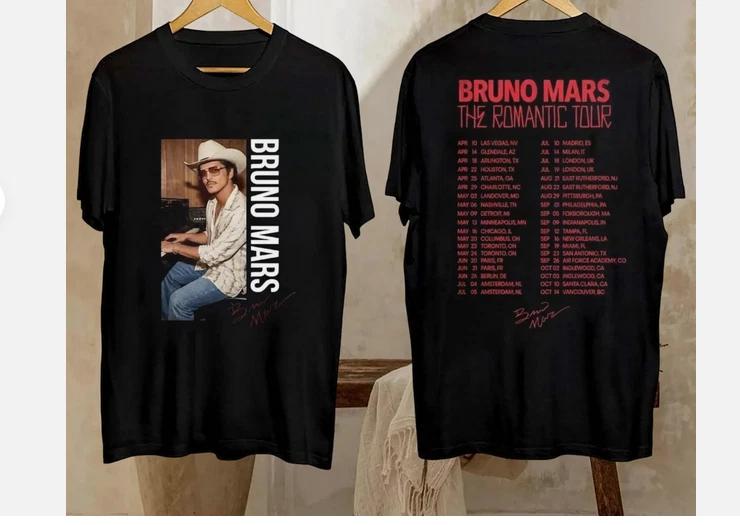 Футболка Bruno Mars The Romantic Tour 2026, Даты тура на спине, Двусторонняя футболка