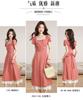 Red grid dreamy French square neck retro long dress