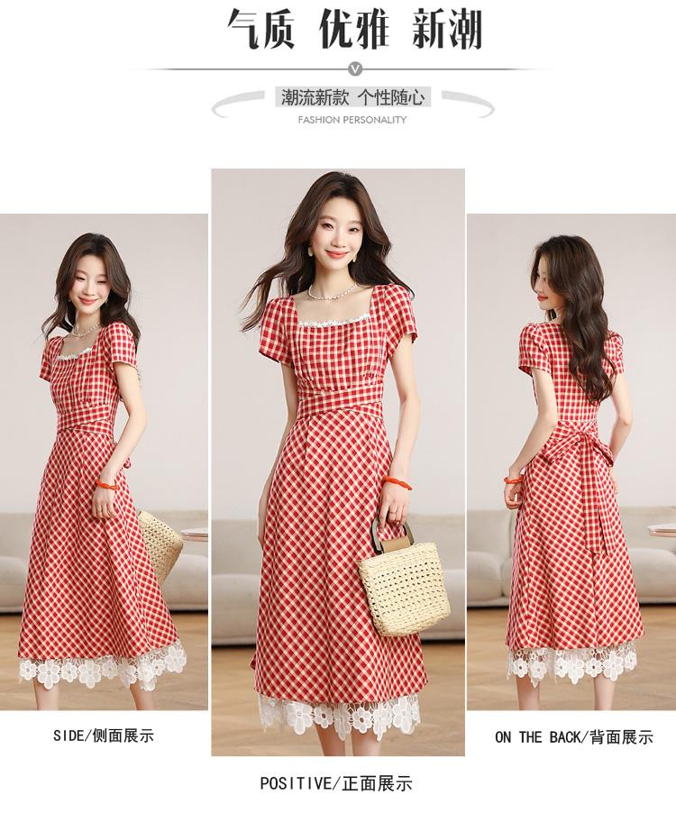Red grid dreamy French square neck retro long dress