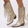 Women Vintage Brown Western Cowboy Boots Autumn Winter Tassel PU Leather Ankle Booties Ladies Pleated High-heeled Mid-calf Boot