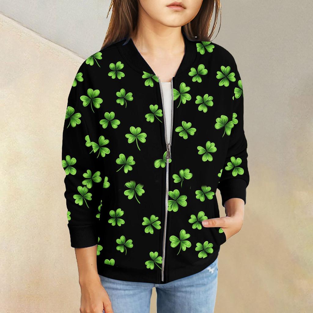 Девочки куртки на молнии детские осенние толстовки с длинным рукавом верхняя одежда с карманами St. День Святого Патрика 5-15 лет