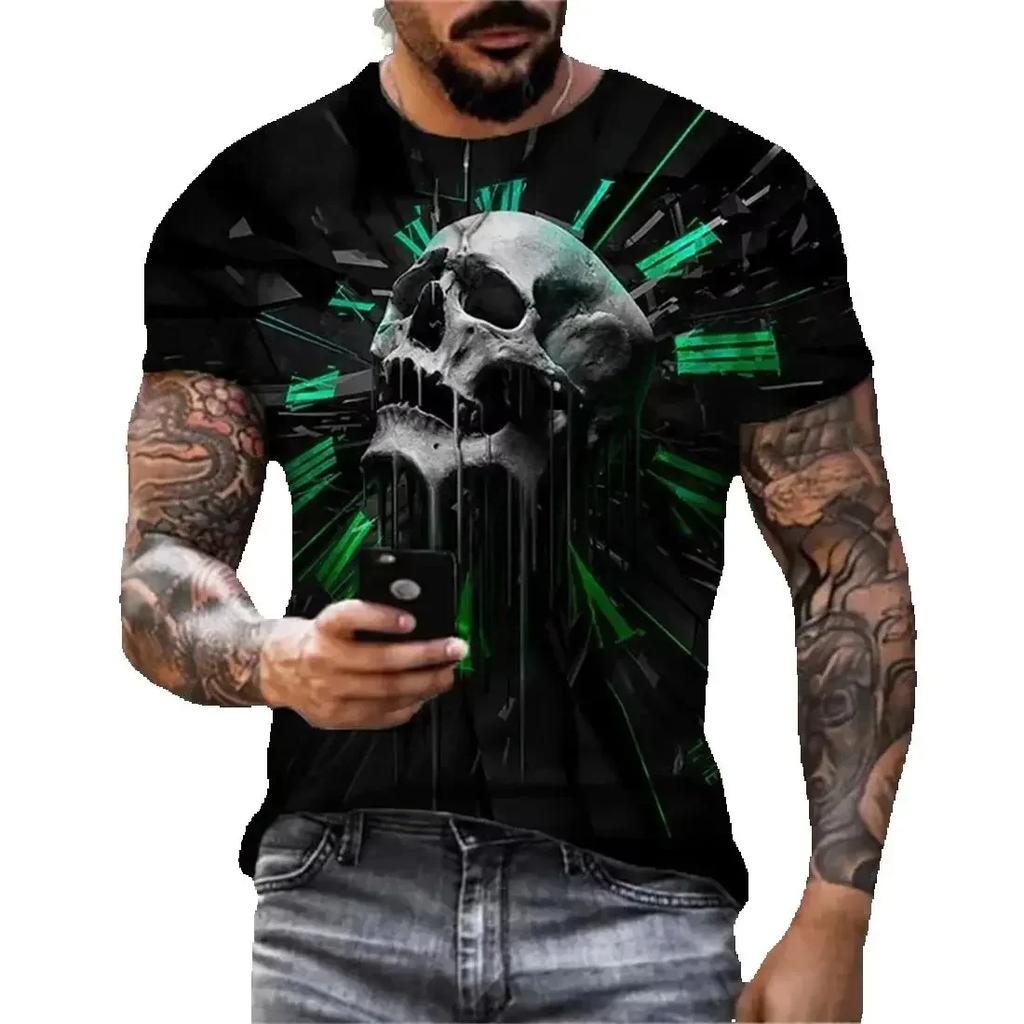 Summer Round Neck 3D Skull Print Top Fashionable Casual Terror Street Hip Hop Short Sleeved Men's T-shirts