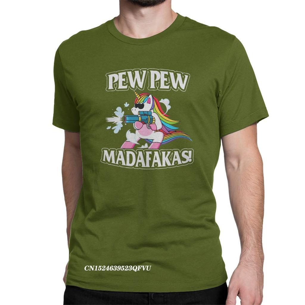 Смешные мужские топы Pew Pew Madafakas Футболки Футболка с юмором Unicorn Футболки с круглым воротником Harajuku Одежда из хлопка