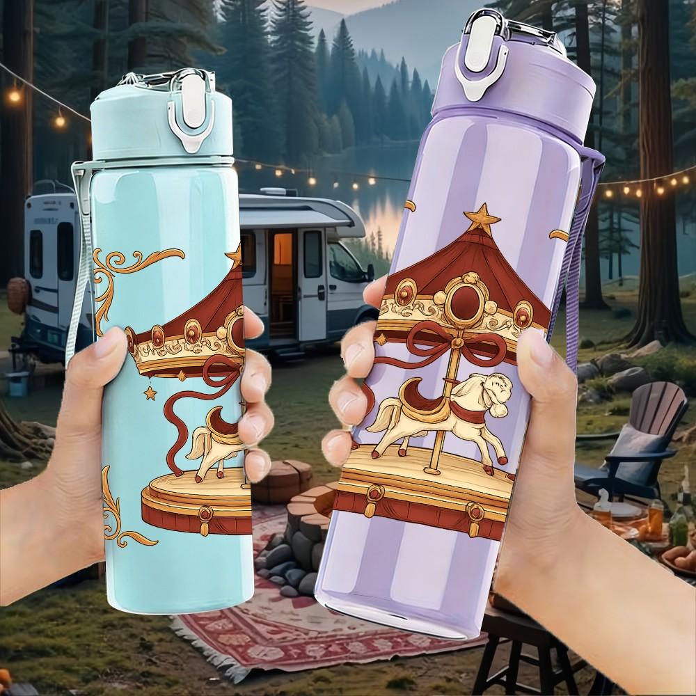 1PC Vintage Carousel Pattern 750ml Color Plastic Sports Water Bottle Leakproof Flip Straw Lid Suitable for Sports Office Home Use