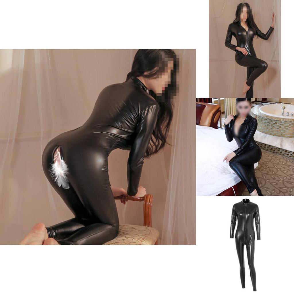 Соблазнительный черный латексный боди с длинными рукавами и застежкой-молнией для ролевых игр и косплея