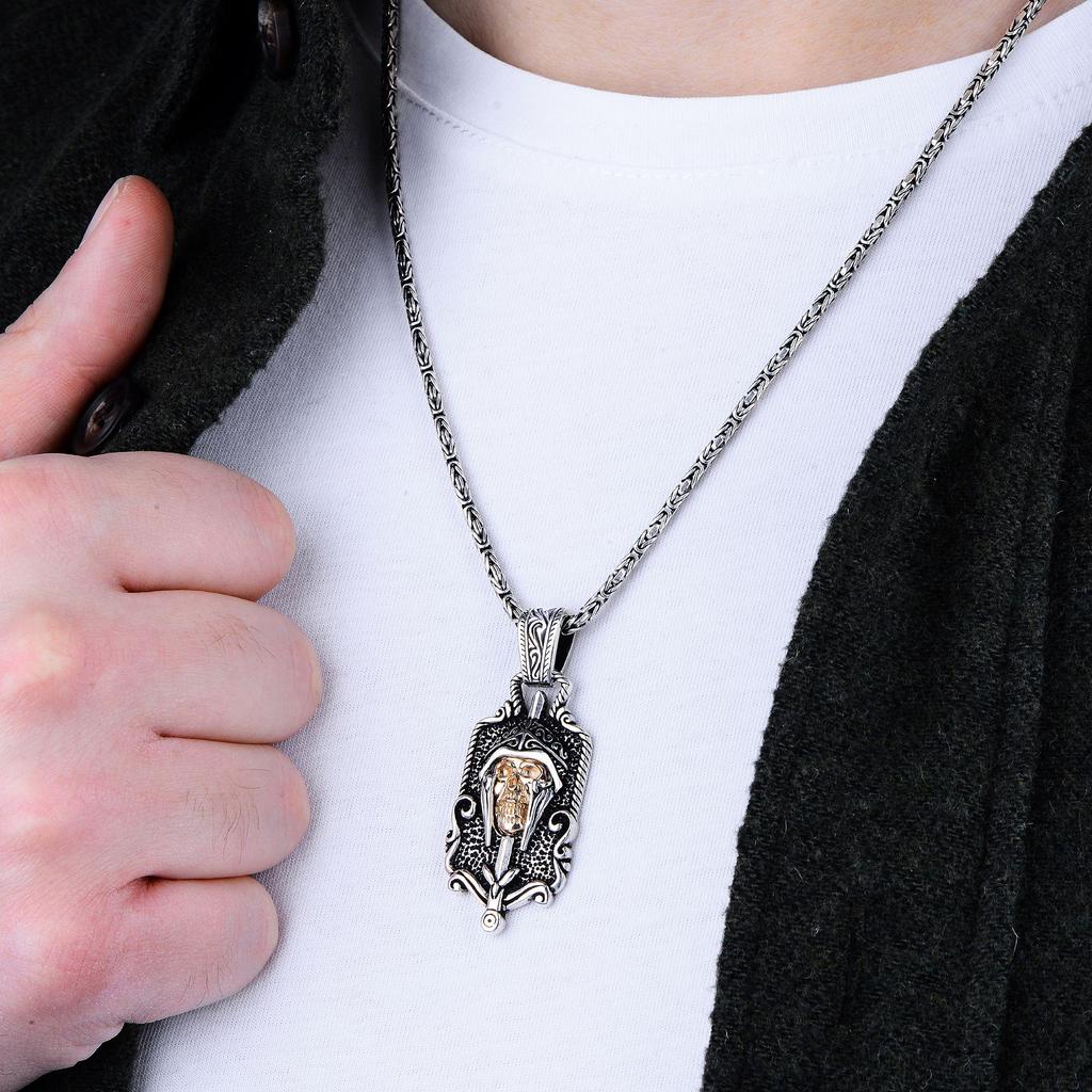 925K Gothic Skull Knight Necklace for Men,  Vintage Punk Style, Black Sterling Silver,  Byzantine Chain,  Men's Fashion Jewelry Accessories