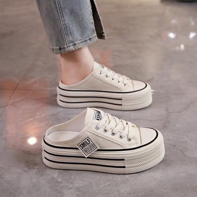 Холщовые полутапочки женские летние для улицы новые высококлассные на толстой подошве с увеличением роста без каблука ленивые