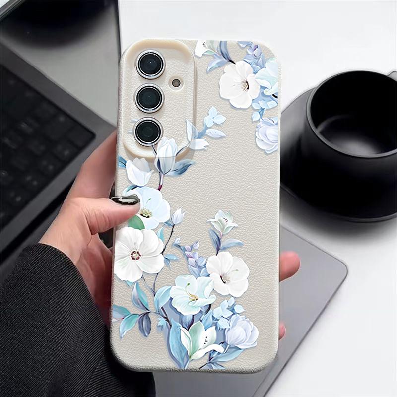 Матовый чехол для телефона с цветочным узором и текстурой из кожи для Samsung S25 Ultra S24 FE S23 S22 A36 A56 A16 A55 A26 A15 A35, тонкий противоударный мягкий чехол-накладка из ТПУ