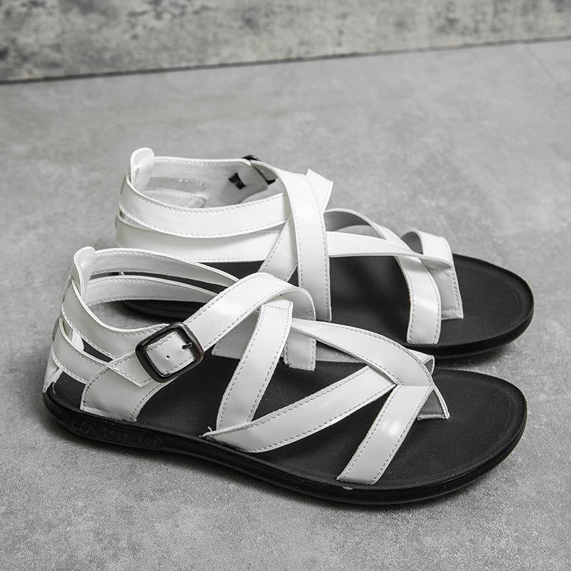 2025 Summer Classic Black/White Men Rome Genuine Leather Roman Sandals Gladiator Breathable Sandals Romanas Hombre Flat Sandles