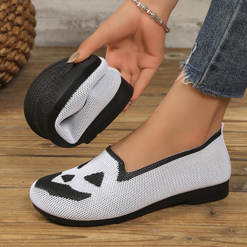 Модные женские туфли-балетки с принтом тыквы, дышащие, удобные вязаные слипоны для ходьбы, легкие лоферы на мягкой подошве для повседневной носки