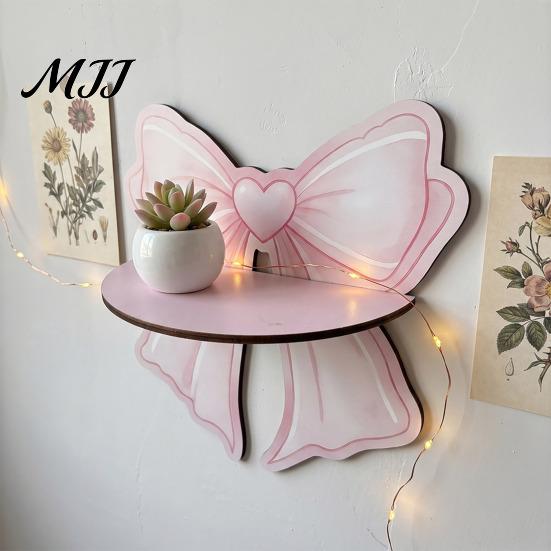 Pink Decorative Wall Shelves Cute Bow Wooden Shelf, Shaped Display Rack, Mount Mounted Bedside Shelf Storage for Bedroom Vanity Room, Small Plants Tie