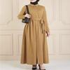 Muslim Women's Long Sleeve Pleated Belted Maxi Dress with Buttons