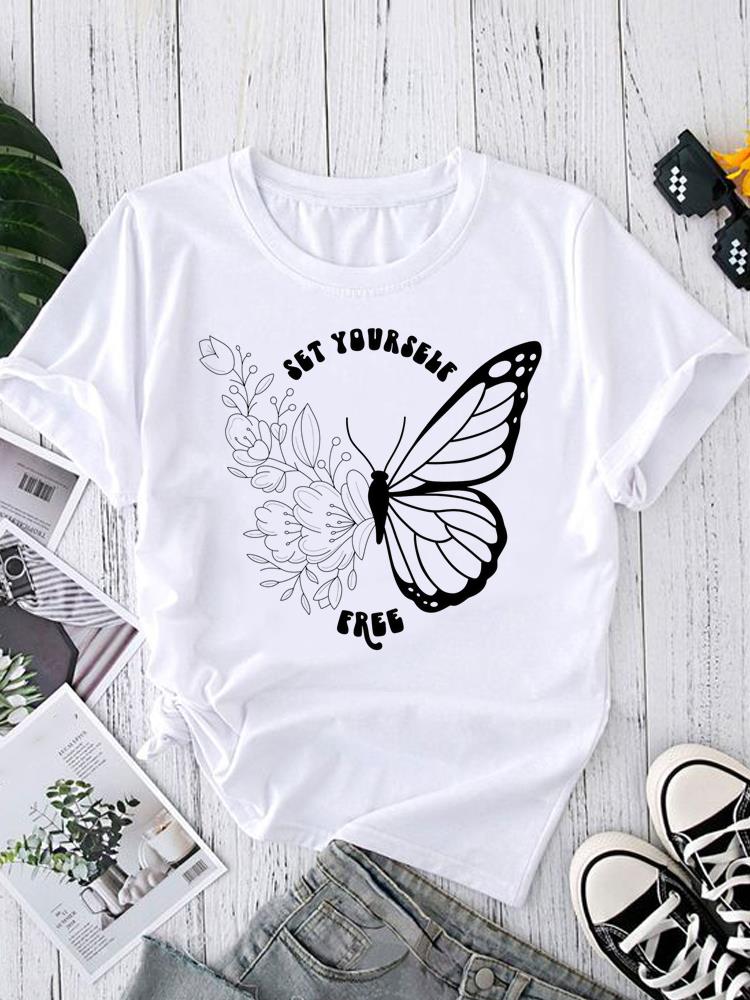 (Азиатский размер) Женский топ T-shirt тренд с перьями милый Принт Короткий рукав Футболки Мода Женский Повседневный Круглый вырез Графическая футболка