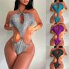 Women Sexy Halter Triangle Split Bikini Suit Set Summer Tie Side G-String Thong Swimsuit Elastic Bikini Solid Color