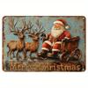 Винтажная металлическая табличка «Санта и олени в санях» - Деревенский декор стены «Снежинка» на Рождество, Праздничный подарок с легким креплением для дома, крыльца, кафе, бара