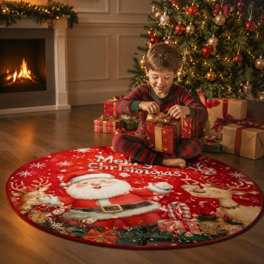 Non-Slip 3D Illusion Rug Santa Claus Xmas Home Decor Cartoon Cute Round Vortex Carpet Outdoor