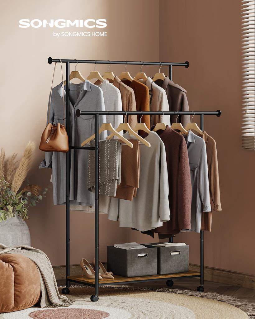 SONGMICS HOME Вешалка для одежды, Вешалка для одежды на колесиках, Портативная вешалка для одежды, с 1 перекладиной для подвешивания одежды, Крючки в форме спичек