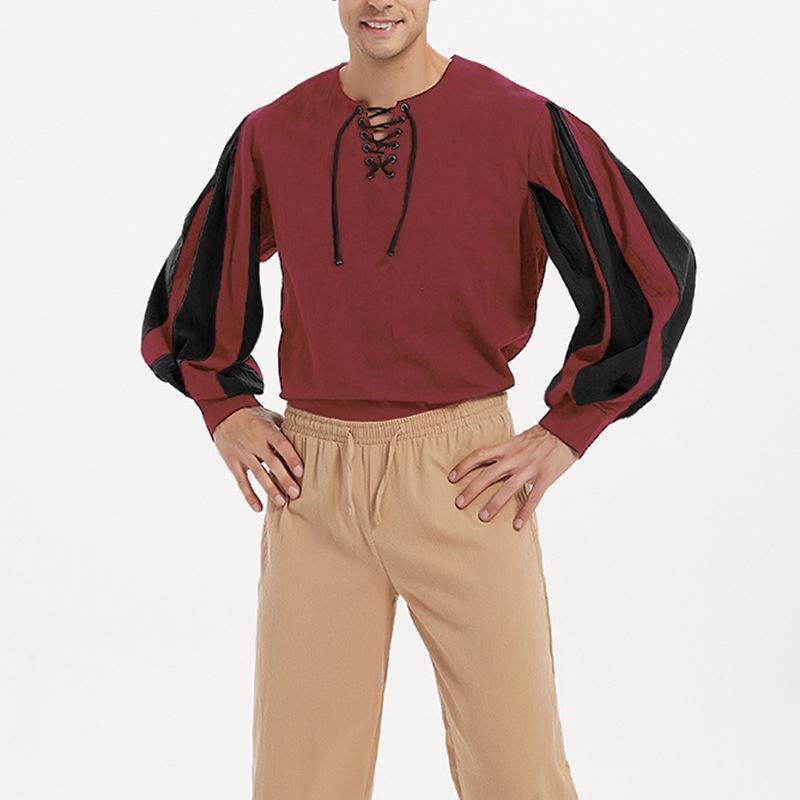 Летняя мужская винтажная свободная рубашка рыцаря со шнуровкой и длинными рукавами, средневековая драматическая рубашка для выступлений