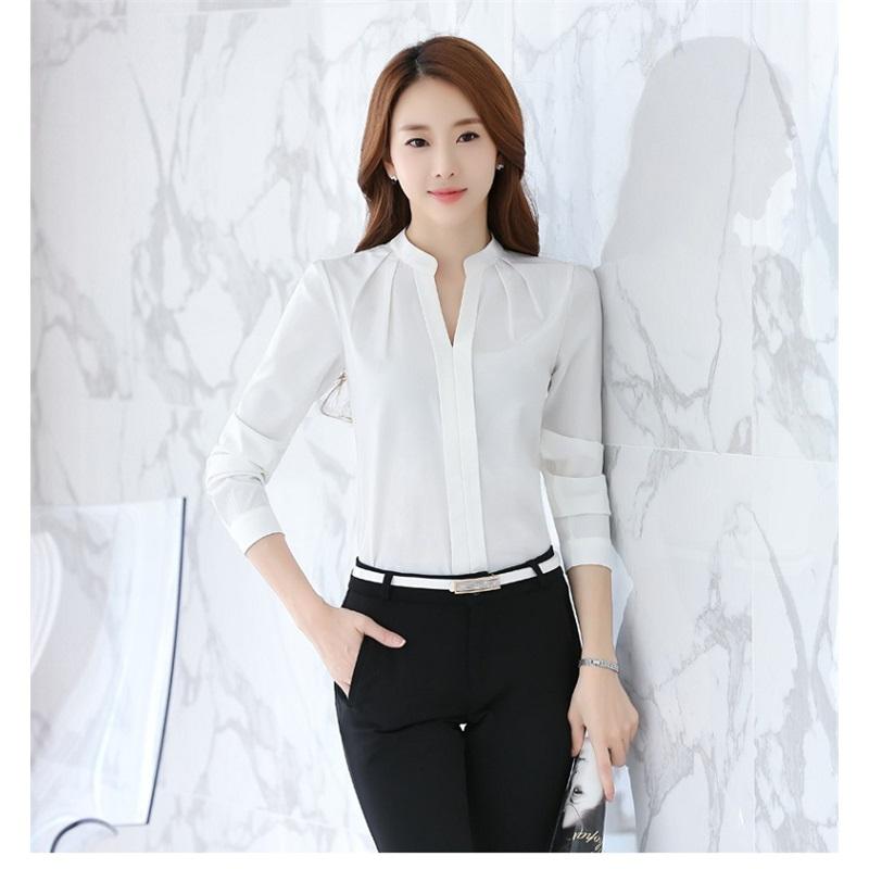 Весенняя шифоновая рубашка женская корейская рубашка с веером маленький свежий воротник-стойка свободная средней длины с длинным рукавом белая рубашка