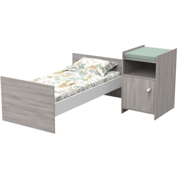 Lit bébé combiné - 120x60cm - Evolutif en 90x190cm - Babyprice Up - Chêne - Avec commode à langer 1 porte