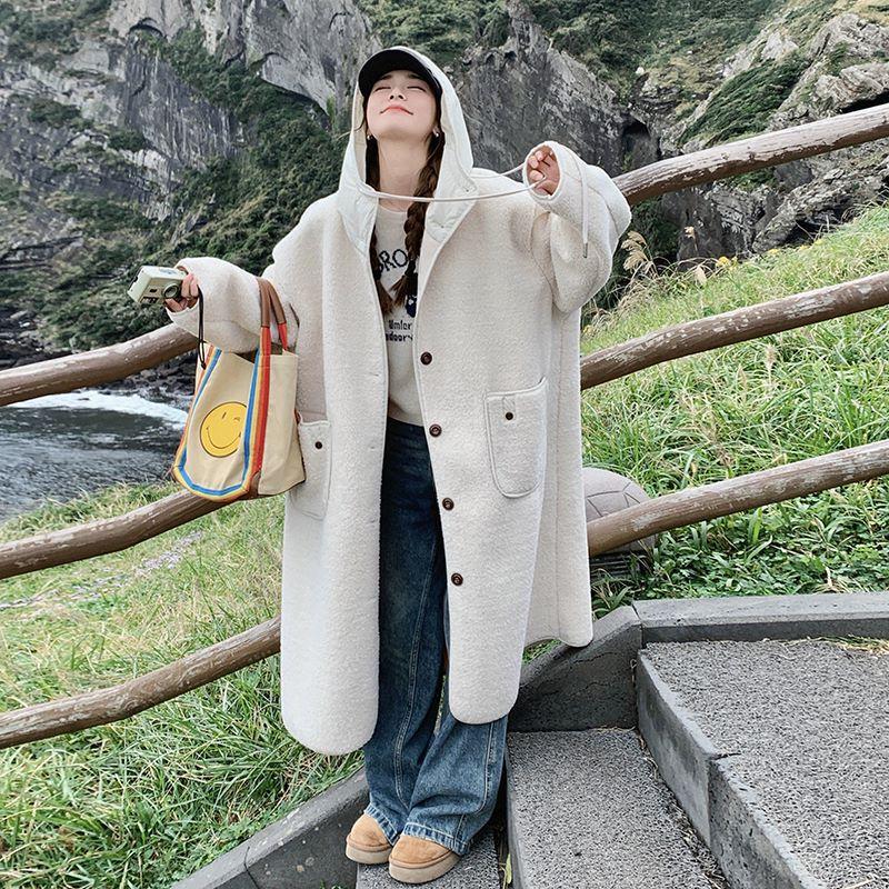 Новое осенне-зимнее длинное пальто с капюшоном из овечьей шерсти для женщин, свободное цельное пальто большого размера из меха