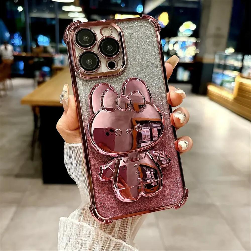 Противоударный чехол с блестками для Xiaomi Redmi Note 13 Pro 5G / Redmi Note 14 Pro Plus, мягкий чехол с невидимым зеркальцем для макияжа и подставкой в виде кролика