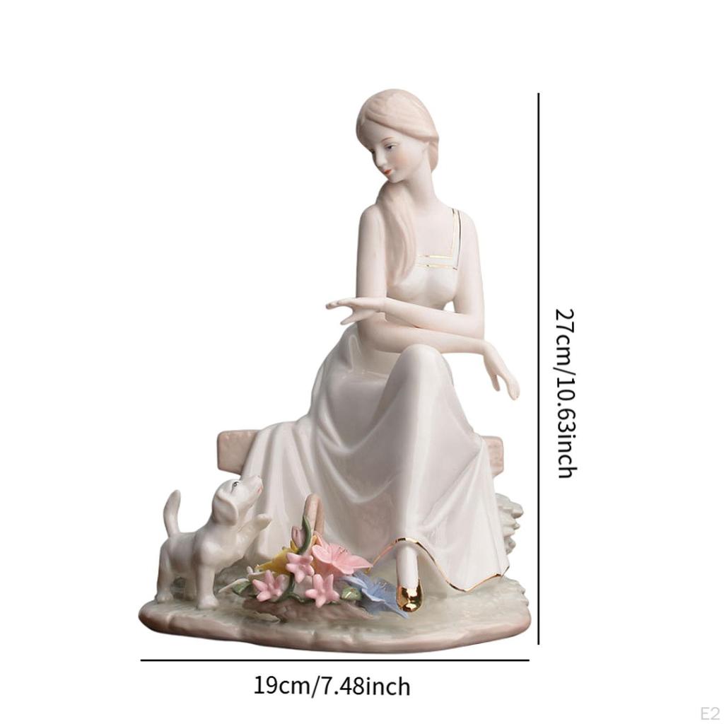 Pottery Girl Figurine Dog Statue Elegant Hand Painted Ornament Art Sculpture for Party Supplies
