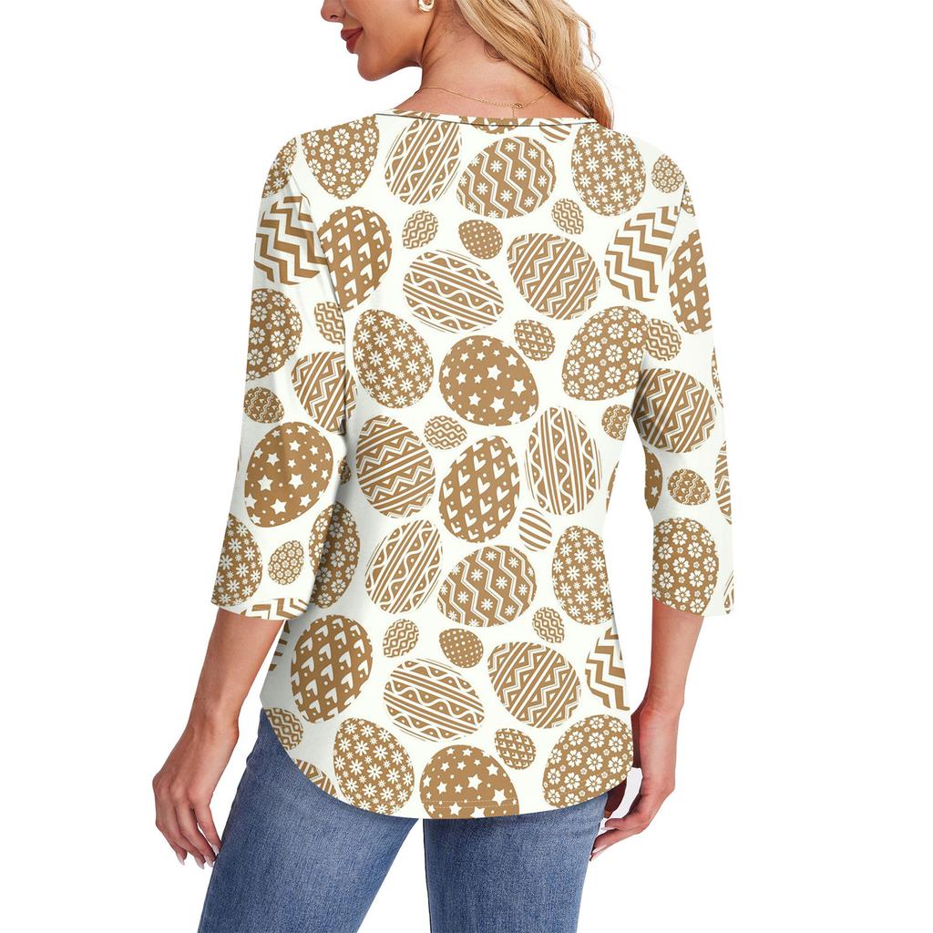 Женская мода круглый вырез шея плиссированная передняя планка с принтом рукав 3/4 топ