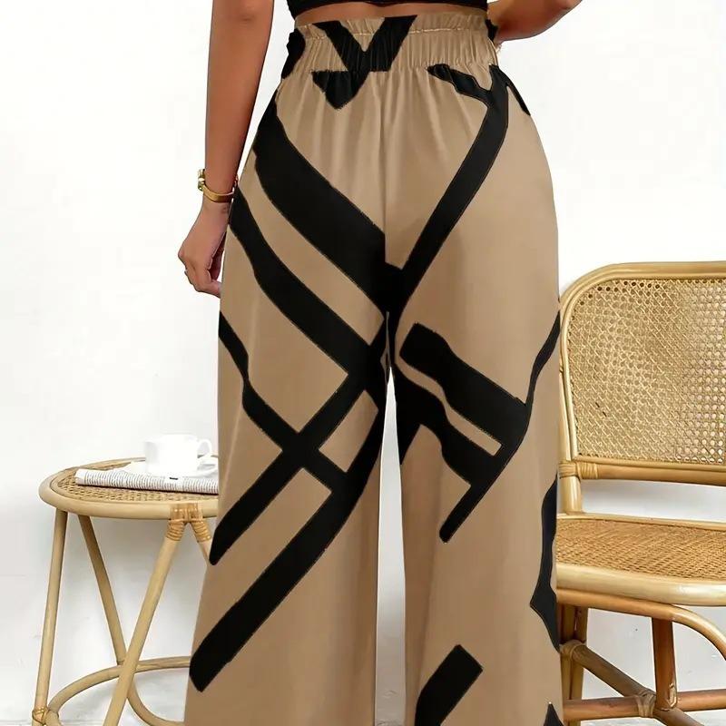 Women Wide Leg Pants Fashion Striped Print Pantalones Spring Summer Casual Loose Lace Up Traf Clothing