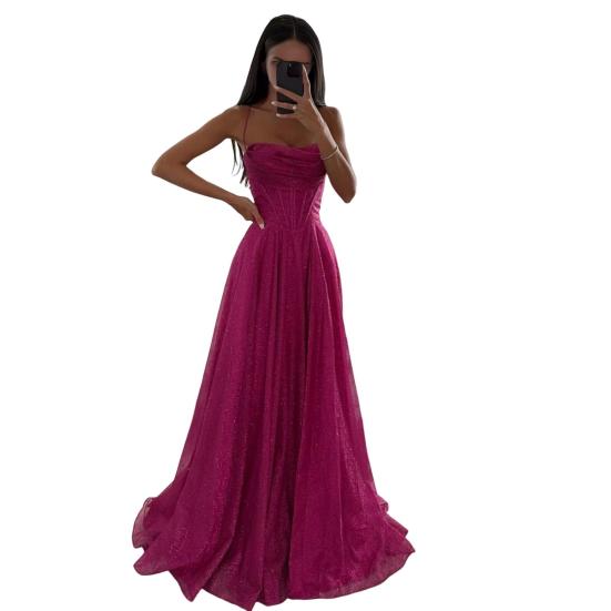 Bridal Wedding Dress Prom Party Evening Dress Backless Spaghetti Strap Sequin Sleeveless A-line Floor Length Ball Gown Pleated Low-cut Cocktail Dress