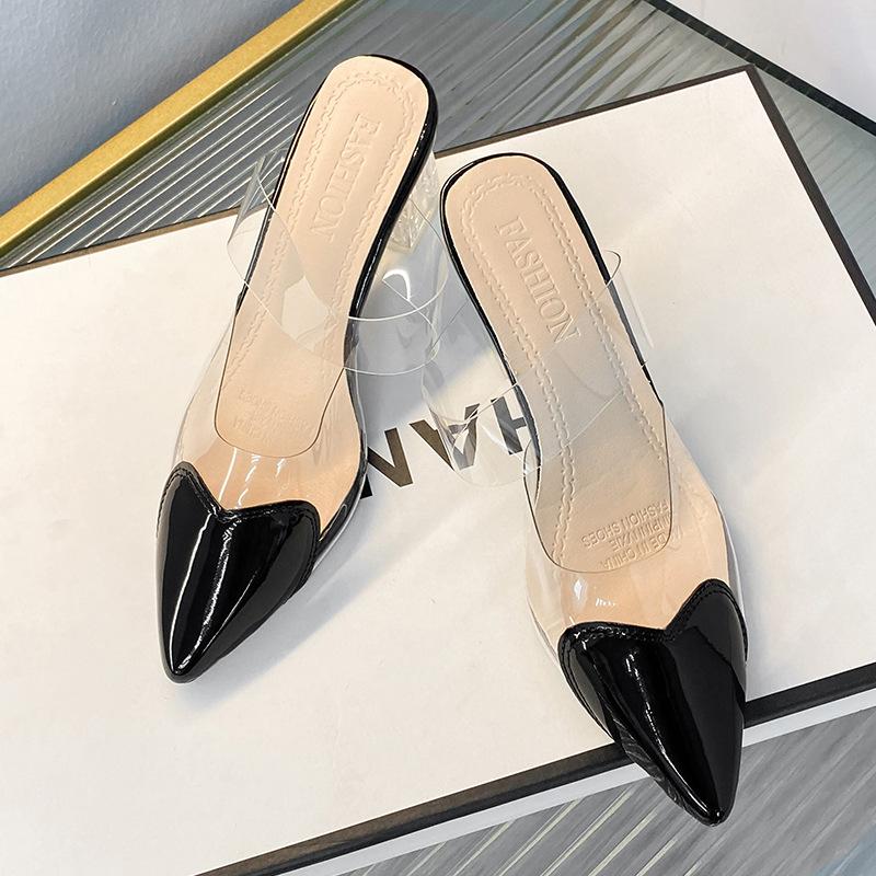 Весенние модные простые лакированные кожаные полутапочки персикового цвета с острым носком в форме сердца, женские сандалии Baotou на высоком каблуке на тонком каблуке, удобная элегантная обувь