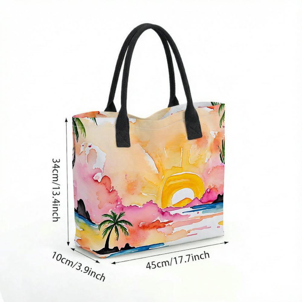 Watercolor Beach Sunset Tote Bag Summer Casual Large Capacity Handbag for Travel