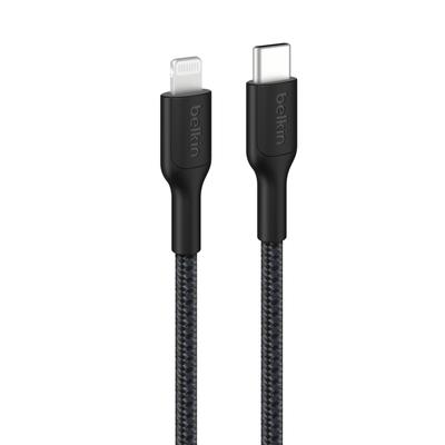 Плетеный нейлоновый кабель Belkin Lightning для iPhone Быстрая зарядка MFi PD 1 Черный USB-C 14/13/12/SE/11/XR, Зарядка, Сверхпрочный, Сертифицированный, Совместимый, Метр,