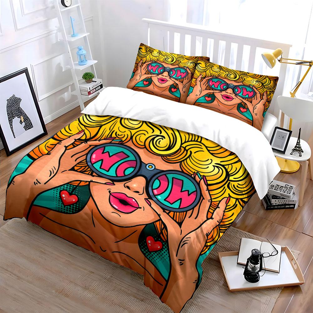 Pop Art Woman with WOW Glasses Bedding Duvet Cover Set (1*Duvet Cover 2*Pillowcases, without duvet insert)
